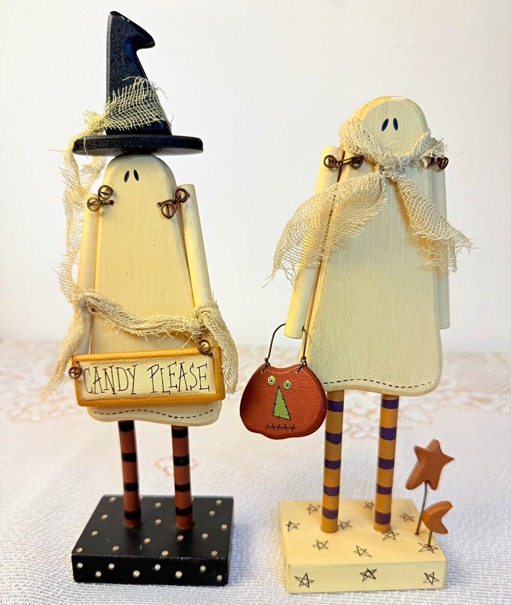 Collins Halloween Ghost Figurine Set of 2 Painted w/ “Candy Please” Sign